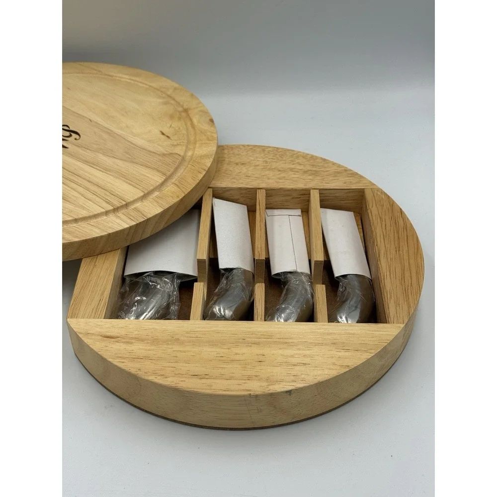 Wolfgang Puck Cheese Cutting Board Knife Set Round Swivel Charcuterie Wood NEW